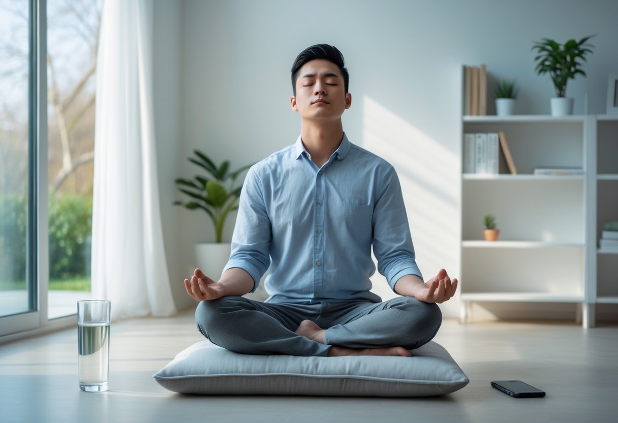 Persona joven meditando en un espacio tranquilo con luz natural, con un vaso de agua, un teléfono móvil cerrado y una planta, transmitiendo calma y cuidado de la salud mental.