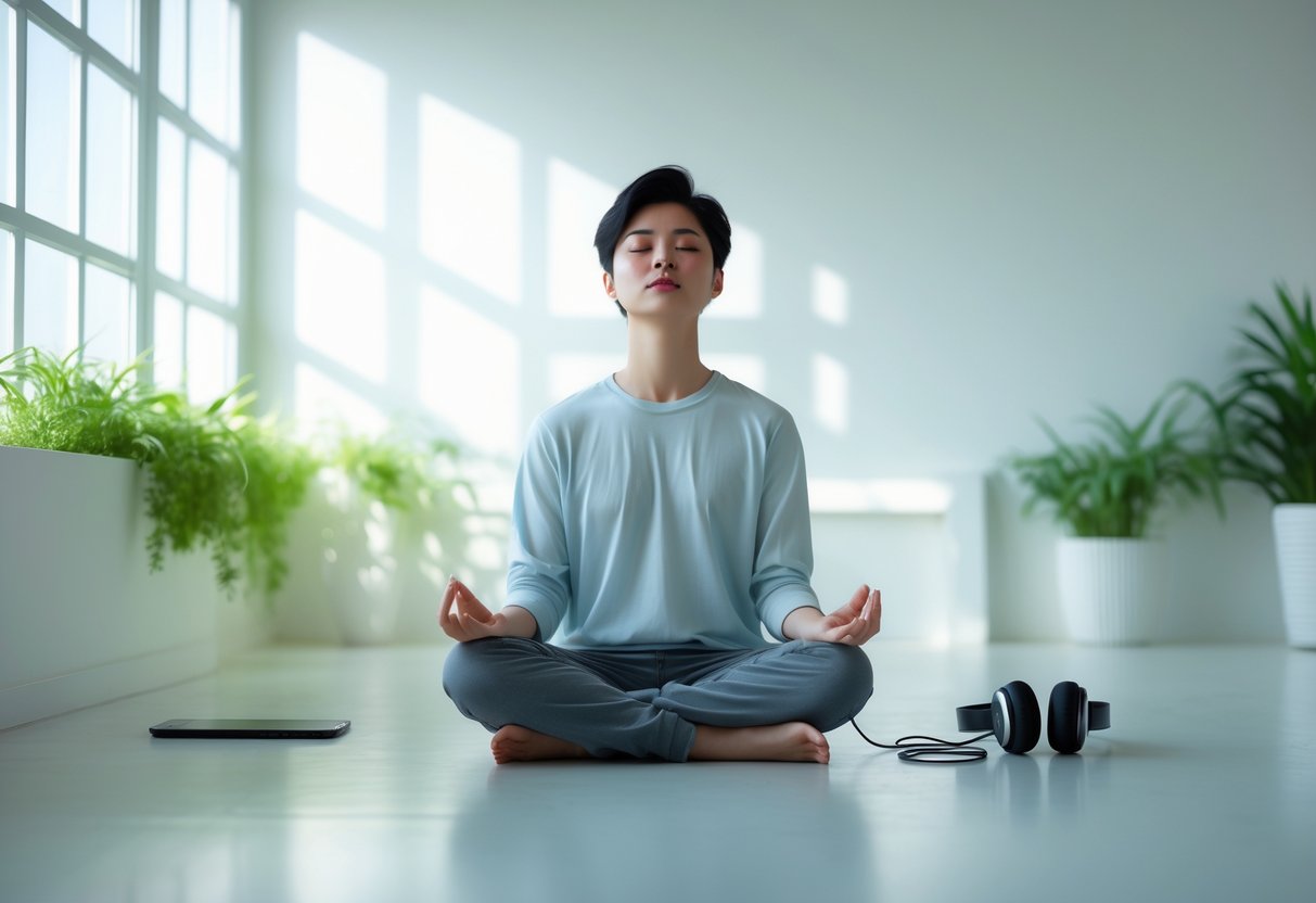Persona joven sentada en posición de meditación en una habitación luminosa y minimalista, con dispositivos electrónicos apartados, transmitiendo tranquilidad y bienestar mental.