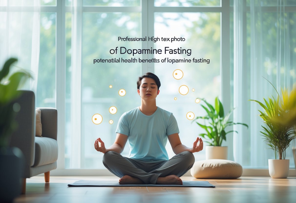 Persona joven meditando en una sala luminosa y tranquila, rodeada de plantas y símbolos abstractos que representan claridad mental y bienestar.