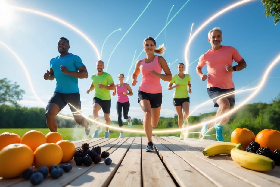 Personas activas al aire libre rodeadas de frutas frescas que representan picos de glucosa y energía.