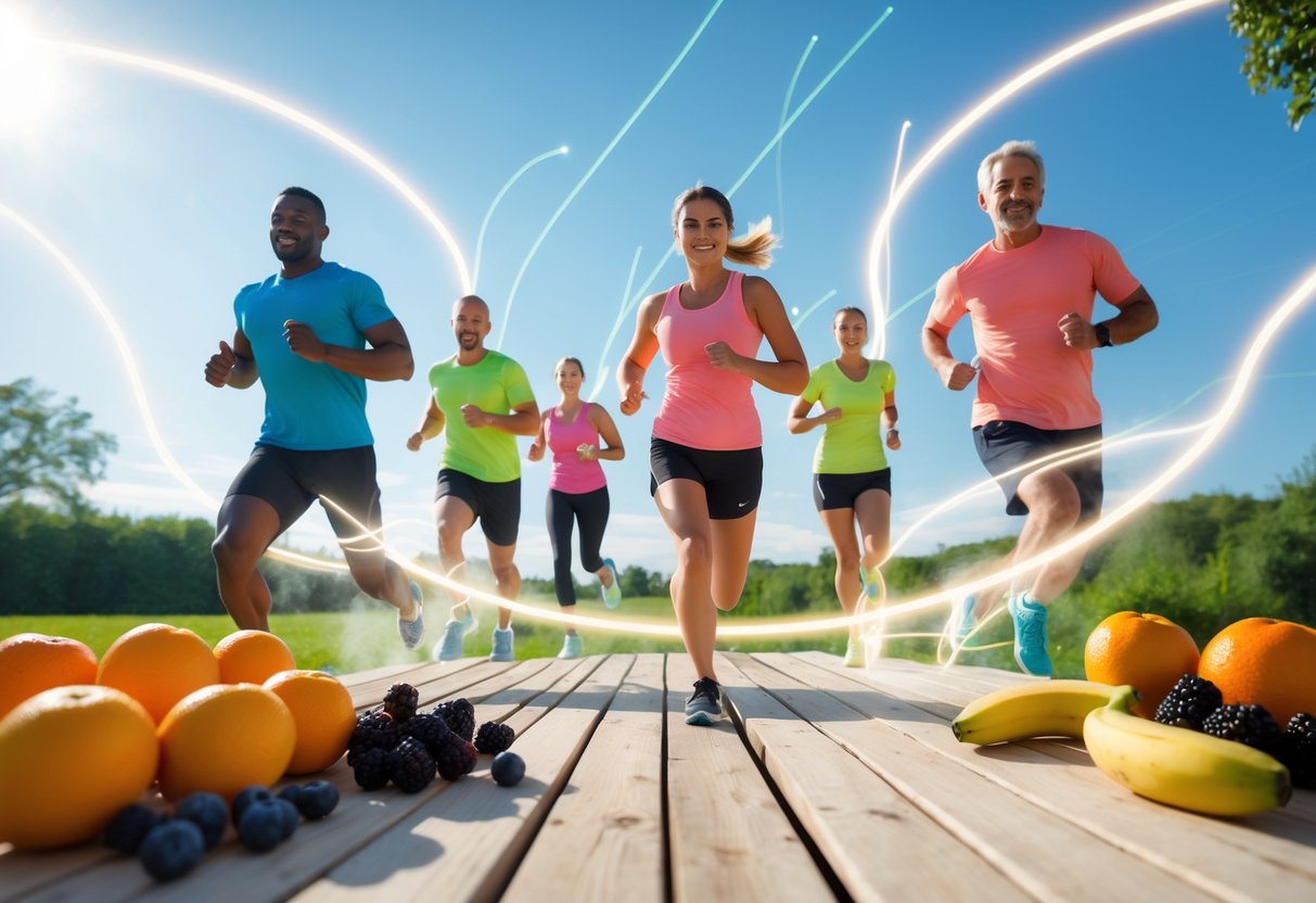 Personas activas al aire libre rodeadas de frutas frescas que representan picos de glucosa y energía.