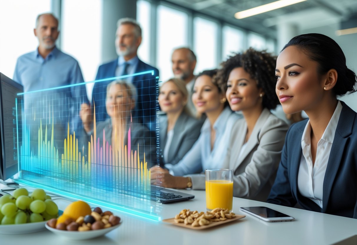 Personas en una oficina mostrando diferentes niveles de energía con un gráfico digital de picos de glucosa y alimentos saludables y azucarados sobre una mesa.