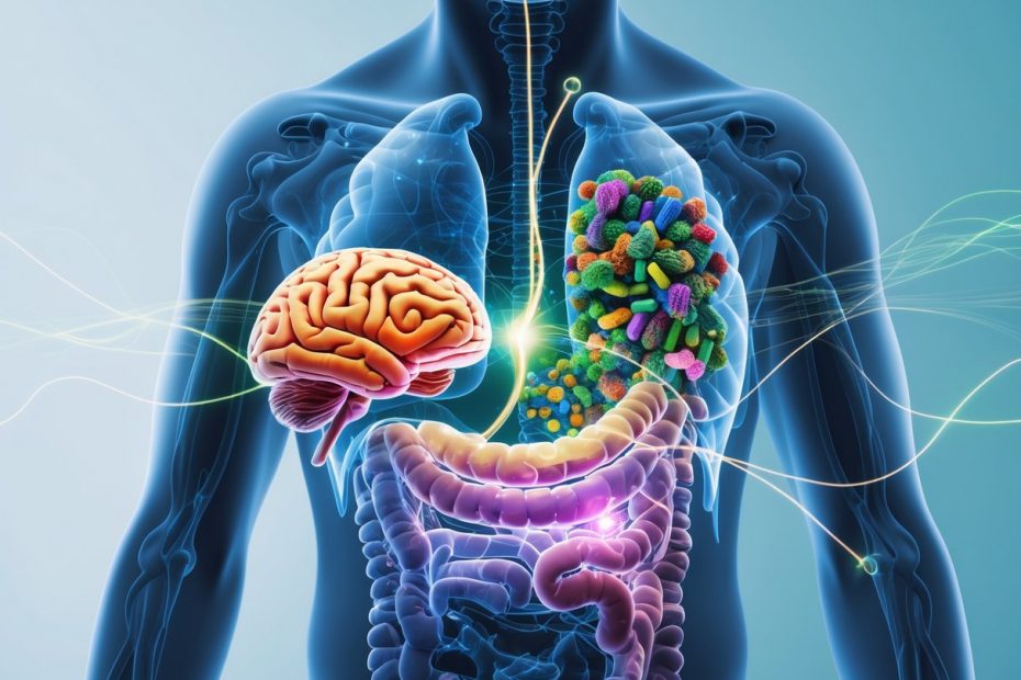 Silueta humana con el cerebro y el intestino visibles, mostrando microorganismos en el intestino conectados visualmente al cerebro.