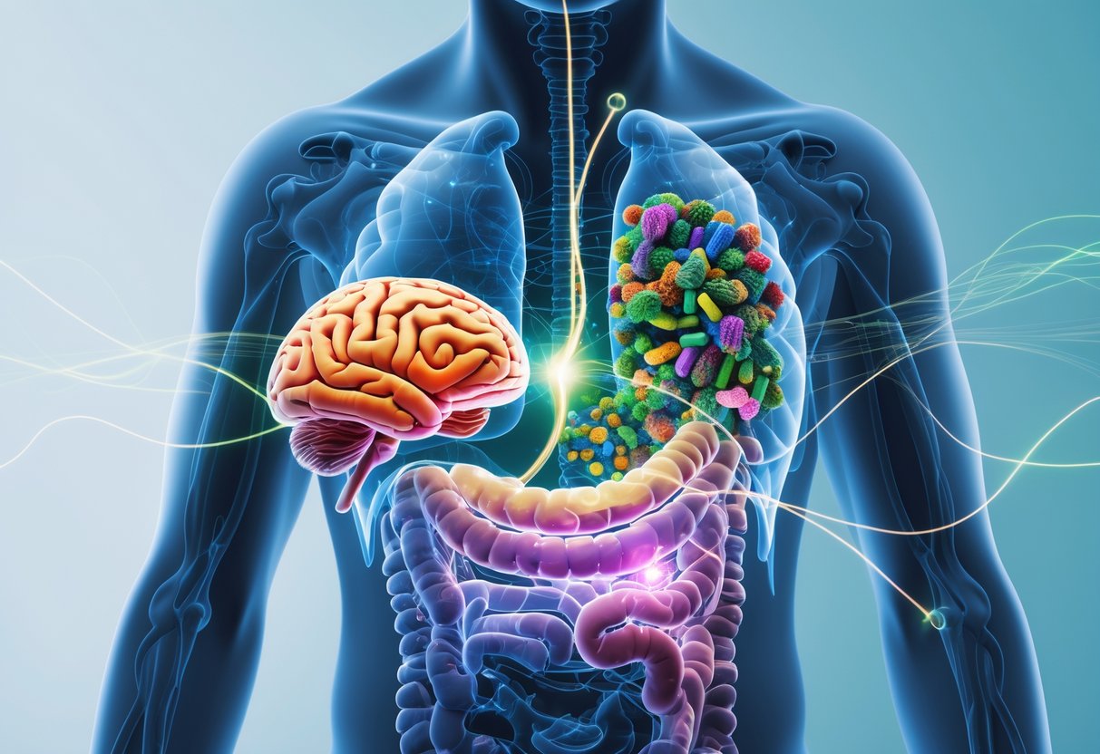 Silueta humana con el cerebro y el intestino visibles, mostrando microorganismos en el intestino conectados visualmente al cerebro.