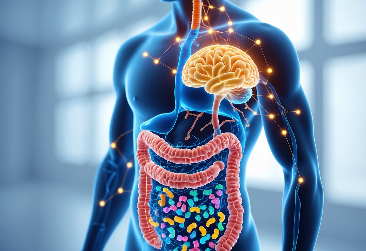 Silueta humana con el sistema digestivo visible y bacterias en los intestinos, conectadas visualmente con el cerebro mediante líneas luminosas.