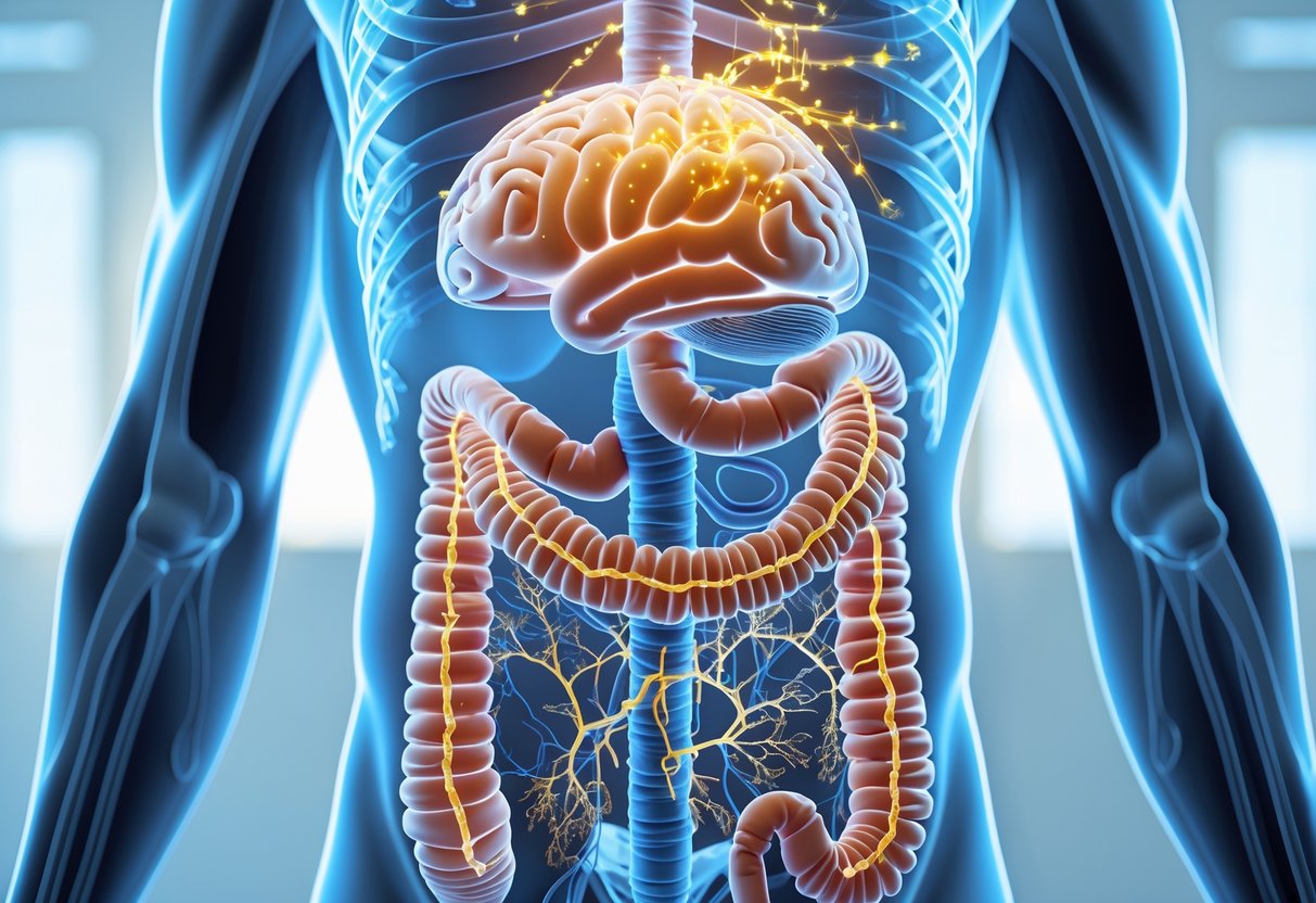 Imagen de un torso humano transparente mostrando el intestino con microorganismos y un cerebro conectado mediante una vía neural luminosa.