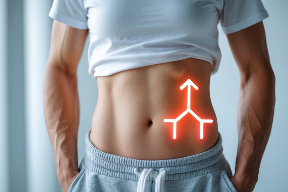 Primer plano del abdomen de una persona con grasa abdominal visible y un gráfico digital que representa niveles altos de cortisol.