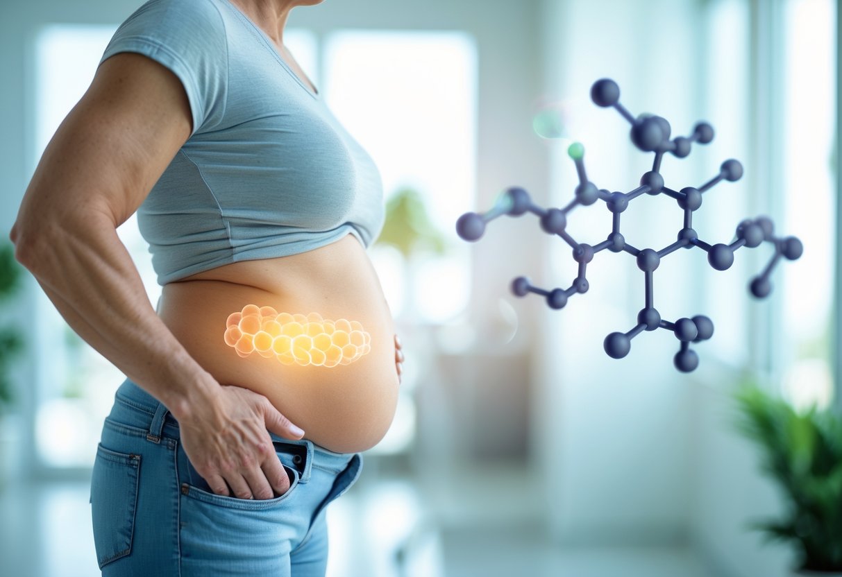 Persona de mediana edad vista de perfil con enfoque en la zona abdominal y un fondo difuminado que muestra una molécula de cortisol.