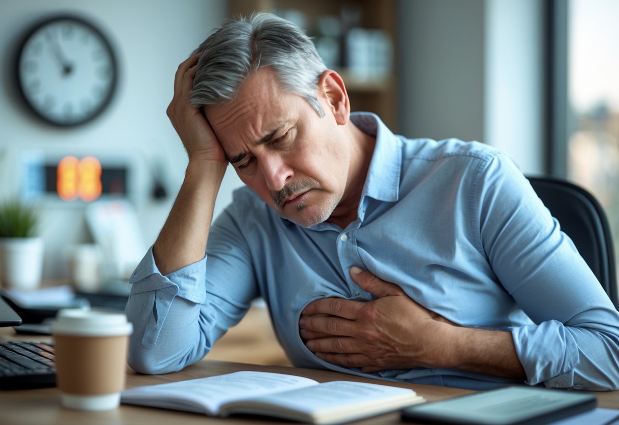 Persona preocupada tocando su abdomen mientras está sentada en un escritorio con un ambiente de trabajo estresante.