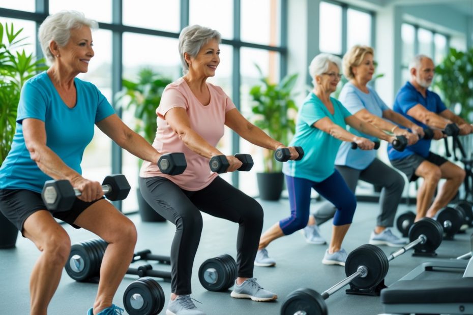 Personas mayores realizando ejercicios de fuerza en un gimnasio luminoso y moderno.
