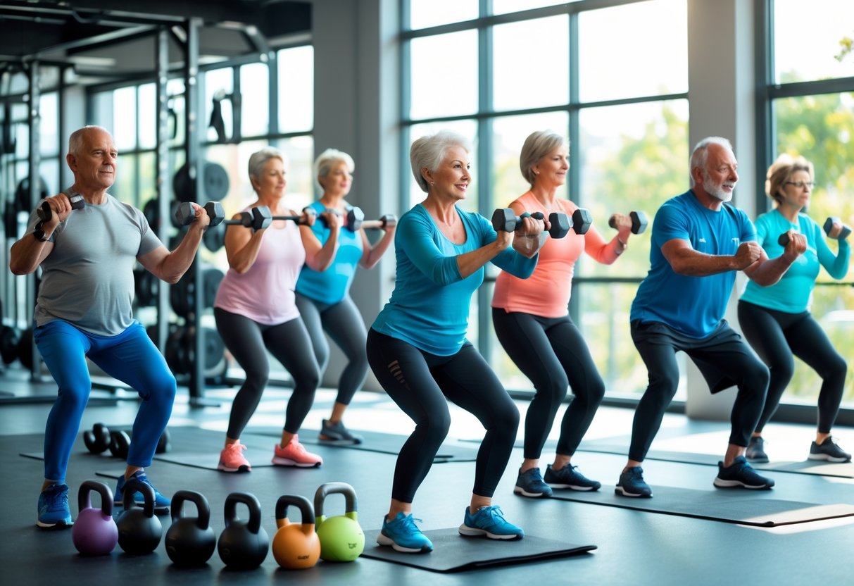 Personas mayores realizando ejercicios de fuerza en un gimnasio moderno y bien iluminado.
