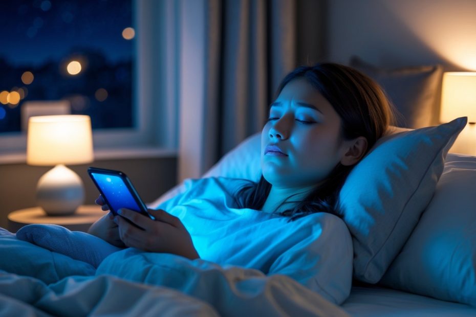 Persona acostada en una cama sosteniendo un dispositivo con luz azul en una habitación oscura.