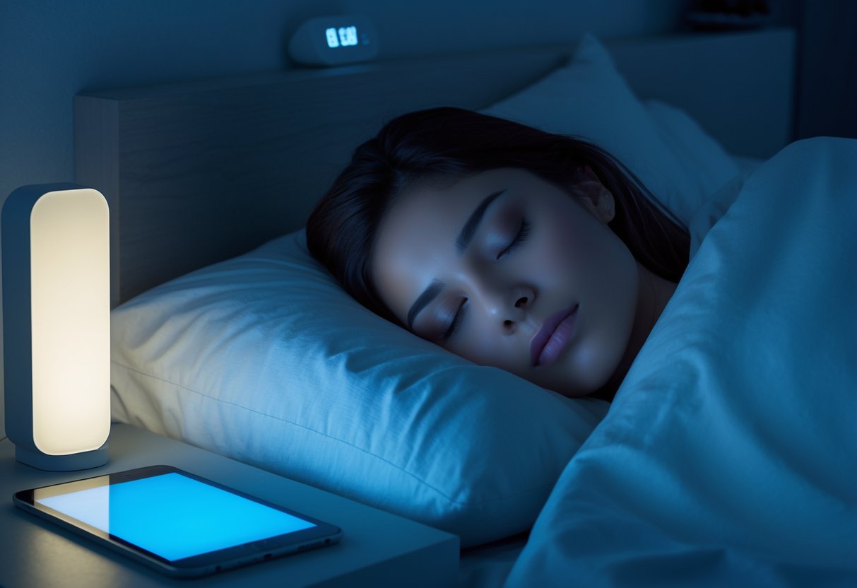 Una persona acostada en una cama con los ojos cerrados mientras un dispositivo emite luz azul cerca de su rostro en un dormitorio oscuro.