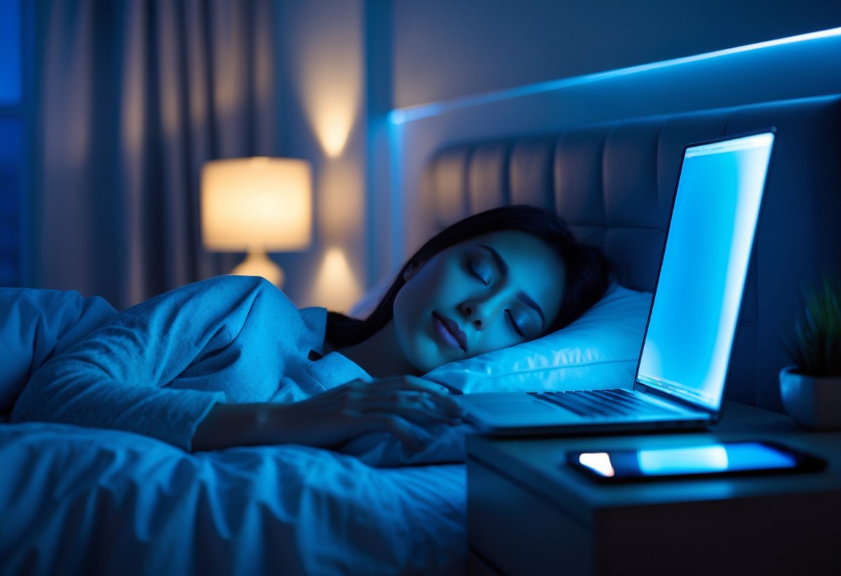 Una persona durmiendo en una habitación con luz azul suave proveniente de un teléfono y una computadora cerca de la cama.